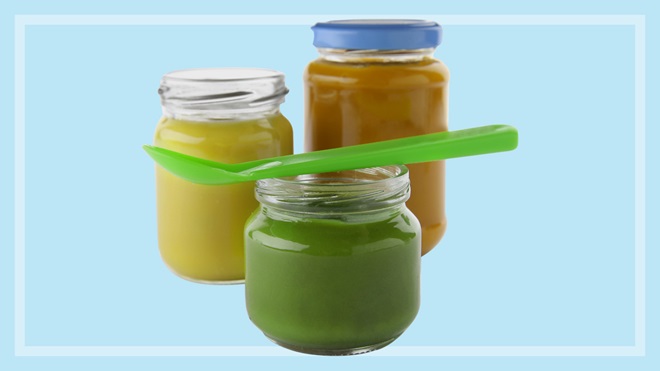Sugars in baby infant foods jars of baby food with spoon